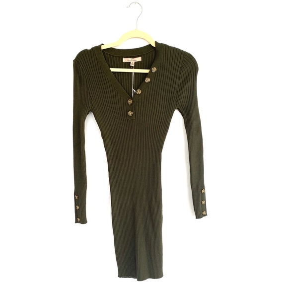 Olive Button Bodycon Long Sleeve Sweater Dress - Picture 2 of 3